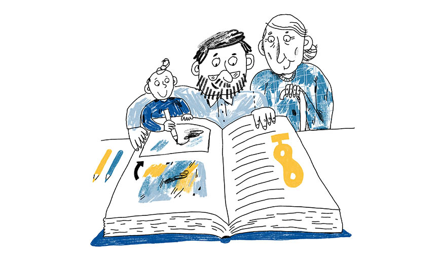 Illustration: Zwei ältere Menschen schauen gemeinsam mit einem Kind ein Buch an. Das Kind malt in dem Buch.
