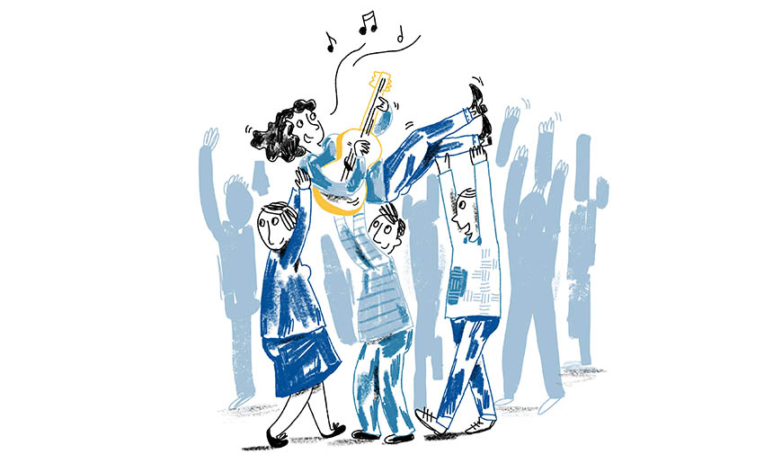Illustration: Im Hintergrund steht eine jubelnde Menschenmenge. Im Vordergrund werfen drei Personen einen singenden Musiker mit Gitarre in die Luft.