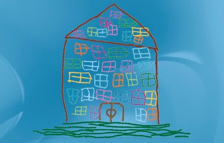 Ein Haus mit vielen Fenstern, Kinderzeichnung, Illustration: produktionsbüro TINUS
