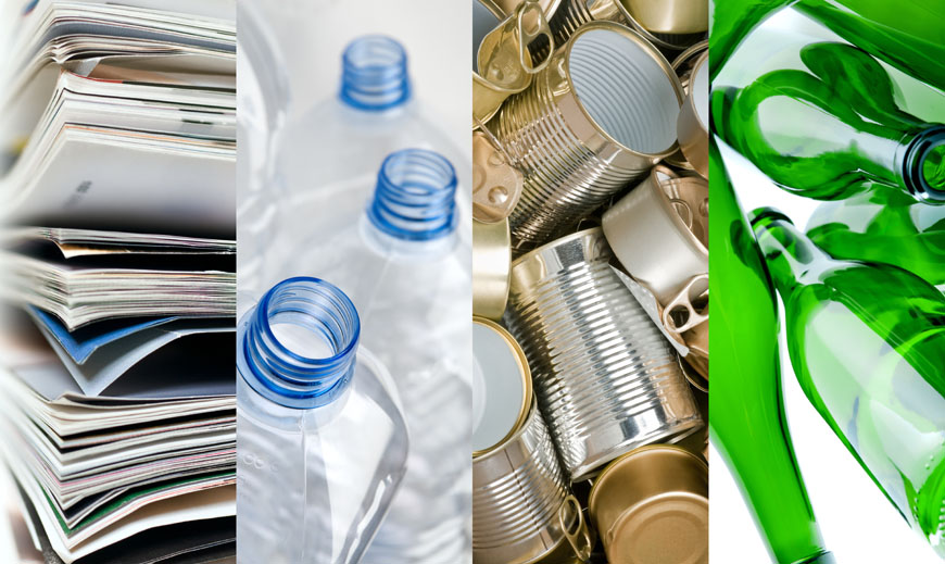 Recyclingfähige Materialien: Papier, Kunststoff, Aluminium und Glasflaschen