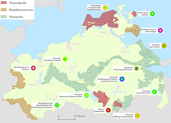Übersichtskarte der Nationalparke, Biosphärenreservate und Naturparke in Mecklenburg-Vorpommern