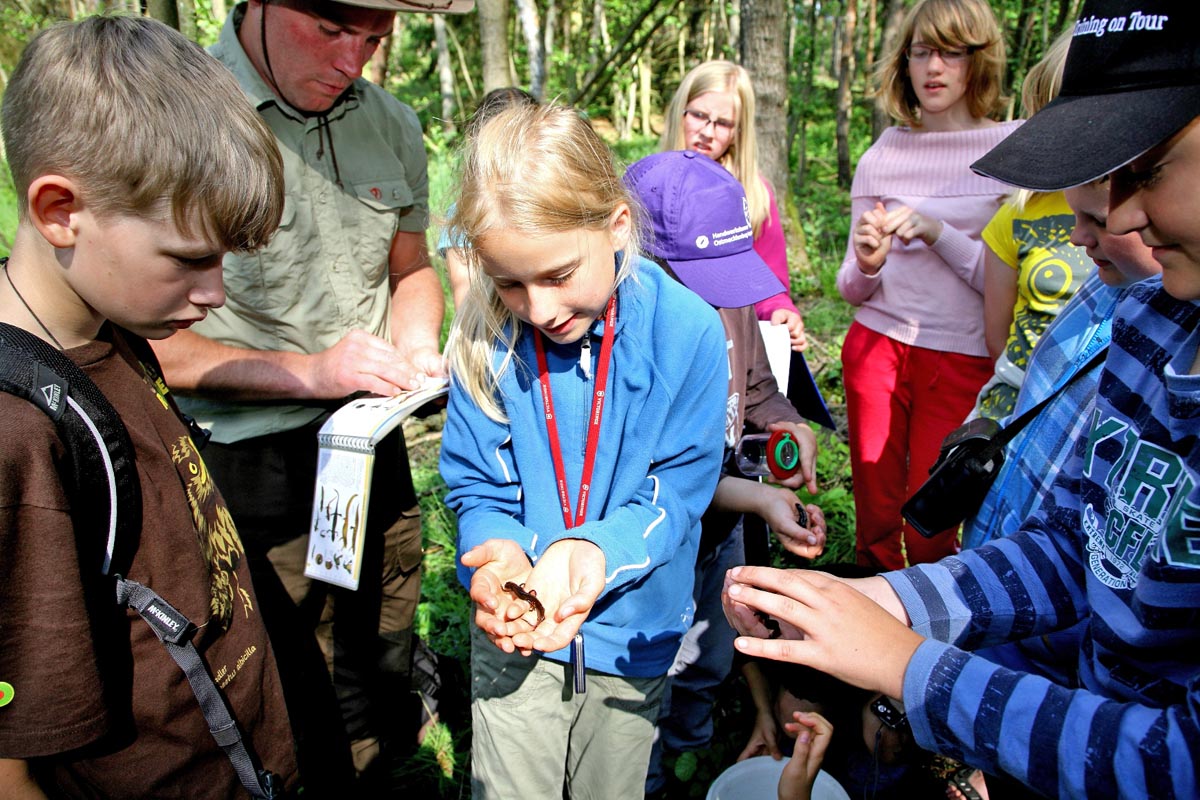 Eine Gruppe Kinder auf Entdeckertour mit dem Ranger