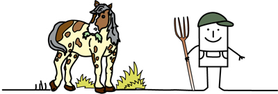 Zeichentrickmännchen mit Mistgabel und Pferd