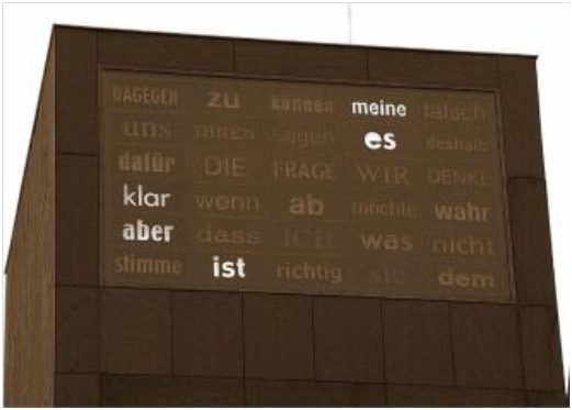 Das Bild zeigt das Kunstwerk Redezeit des Schweriner Künstlers Andreas Sachsenmeier, das häufig verwendete Wörter der Sprache der Politik zeigt und einige hell hervorhebt