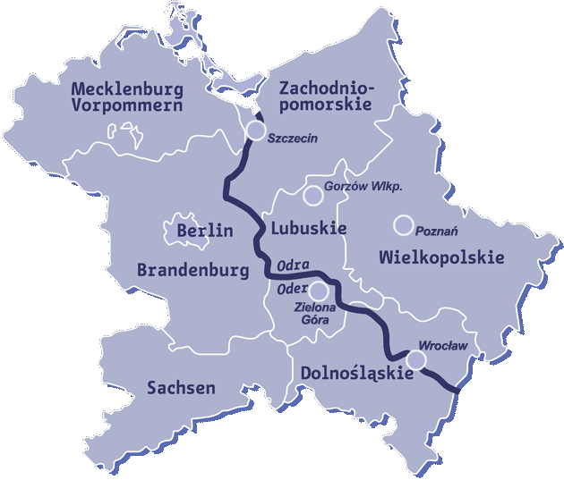 Das Bild zeigt eine Karte mit den Mitgliedsregionen der Oder-Partnerschaft 