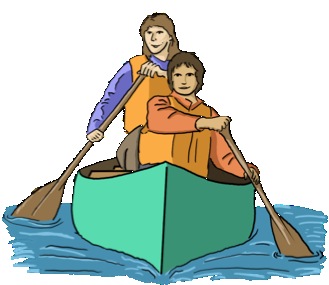 Eine Zeichnung von paddelnden Menschen in einem Boot.