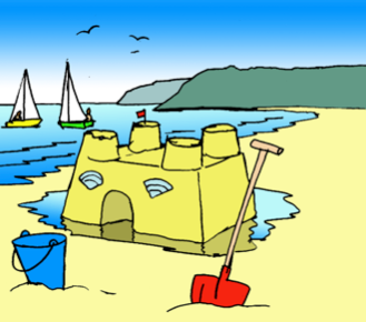 Eine Zeichnung von einem Strand mit einer Sandburg, einer Schaufel und einem Eimer.