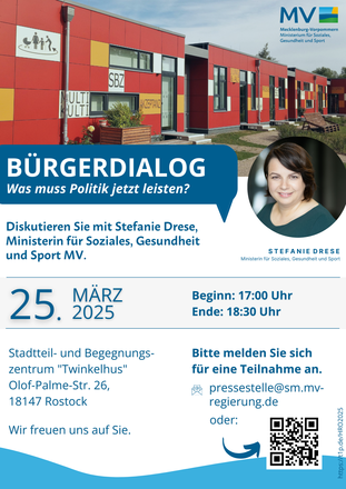 Am kommenden Dienstag (25. März) findet in Rostock-Toitenwinkel ein Bürgerforum mit Sozial-, Gesundheits- und Sportministerin Stefanie Drese tatt. Alle Interessierte sind herzlich willkommen.