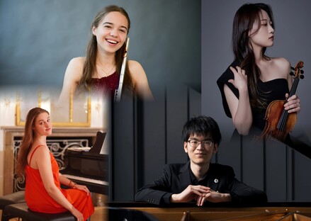 •	Die vier &bdquo;Rising Stars&ldquo; Lucie Benediktová (Flöte), Jueun Jeong (Violine), Yaroslava Osadcha (Klavier) und Takuma Onodera (Klavier). © Collage hmt Rostock