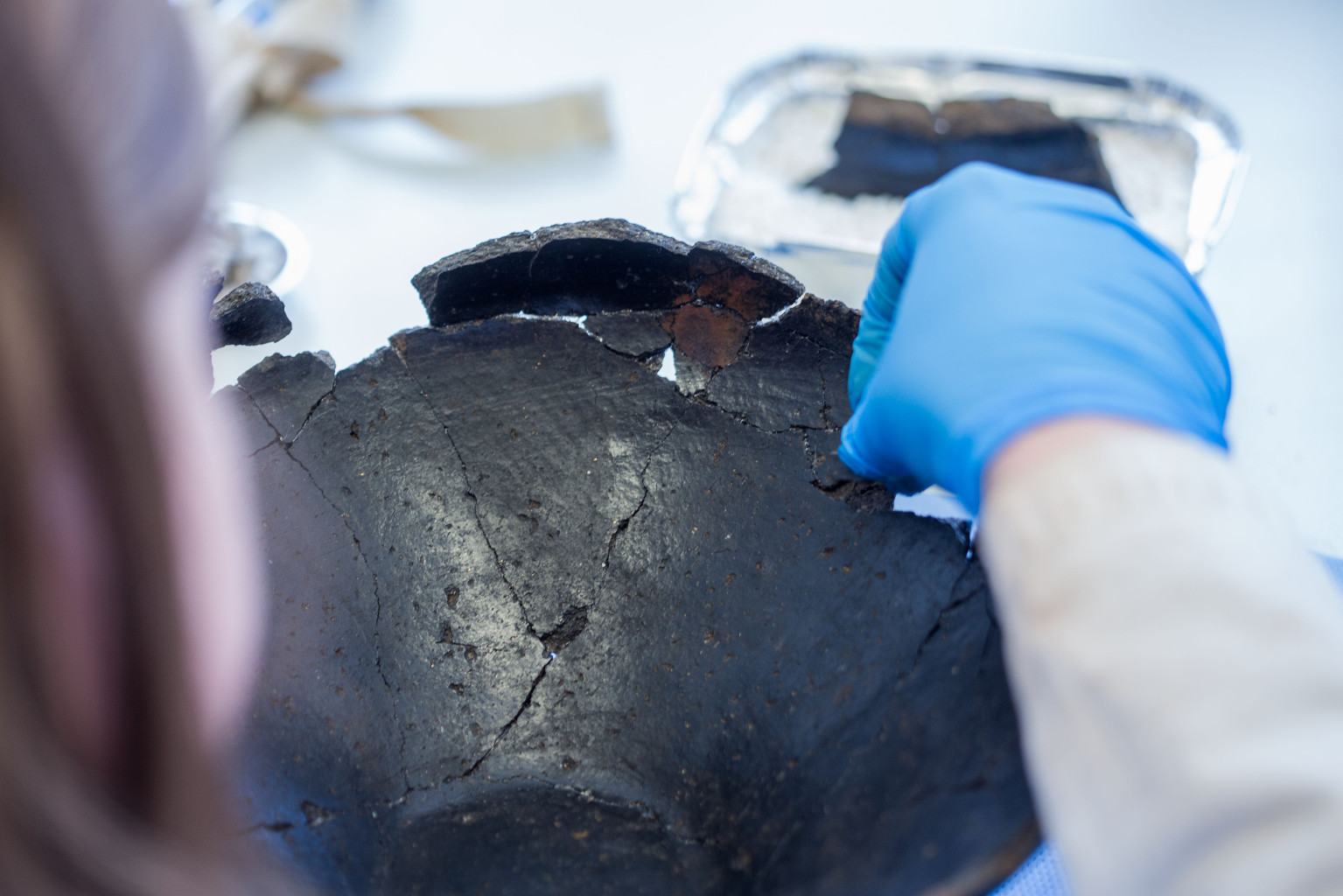 Gefunden in Neubrandenburg: Ein 2000 Jahre altes Tongefäß wird aus Scherben wieder zusammengesetzt, Foto: Jens Büttner