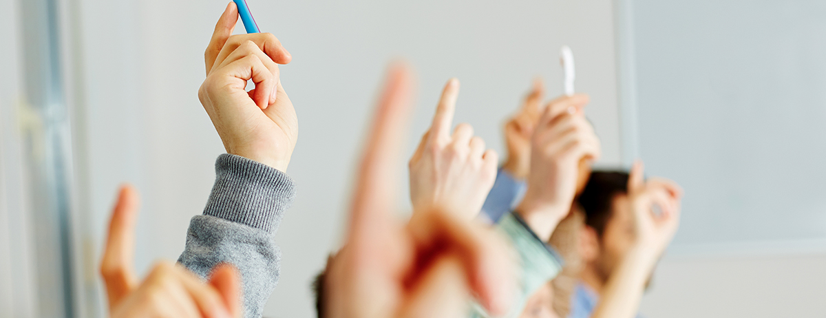 Viele Schüler heben im Unterricht ihre Hände. Foto: Fotolia/Robert Kneschke