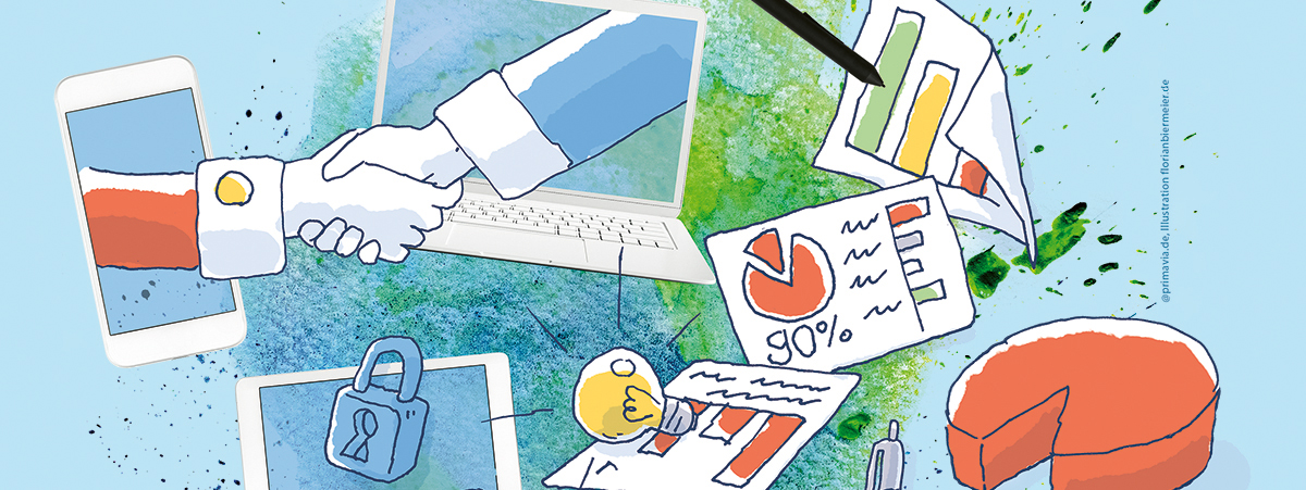 Comichafte Zeichnung eines Smartphones, eines Laptops, eines Tortendiagramms, eines Log-in-Symbols, eines Füllers und eines Kugelschreibers, Illustration: Florian Biermeier 
