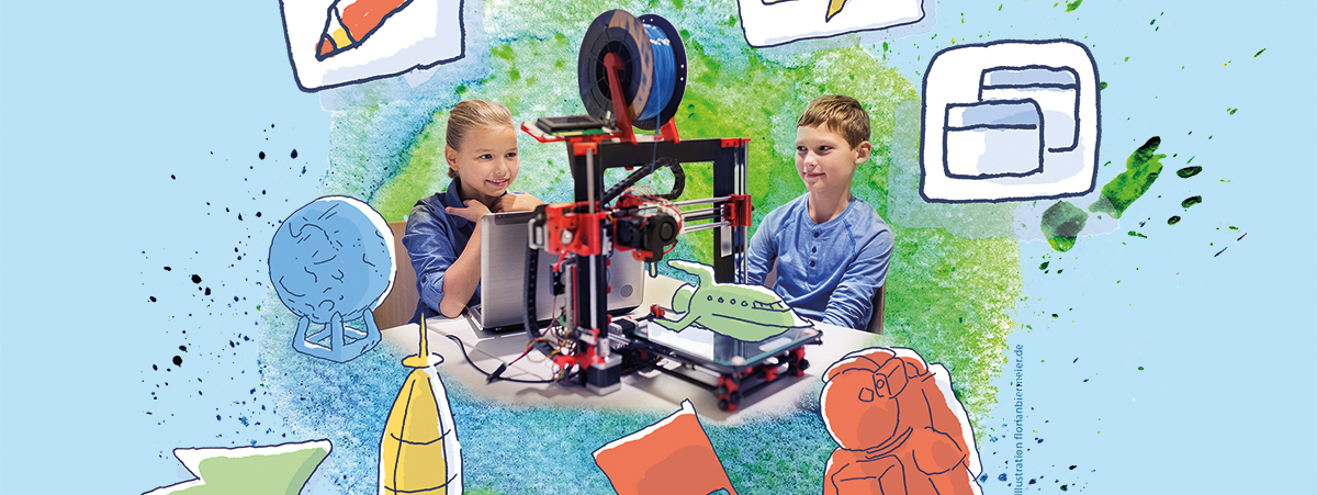Zwei Schulkinder sitzen vor einem 3D-Drucker und einem Laptop. Umfeld: comichafte Zeichnung einer Rakete und eines Astronauten, Foto: Adobe Stock/Illustration: Florian Biermeier