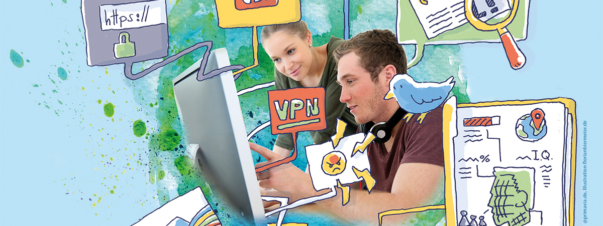 Eine Lehrerin und ein Lehrer arbeiten an einem Laptop und sind umringt von comichaften Zeichnungen eines Laptops, einer Bildschirmansicht einer News-Seite, einer URL, eines RSS-Feed-Symbols und des Facebook-Logos, Foto: Adobe Stock/Illustration: Florian Biermeier