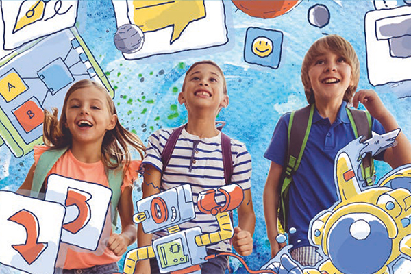 Drei Kinder laufen in einer abstrakten digitalen Welt, Illustration: Florian Biermeier