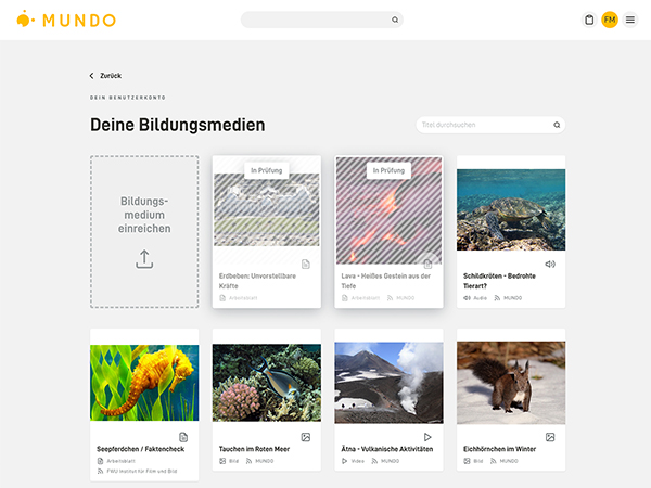 Screenshot der Bildungsmediathek MUNDO mit Bildungsmedien zu den Themen "Erdbeben", "Lava", "Schildkröten", "Seepferdchen", "Ätna" und "Tauchen im Meer", Foto: MUNDO Screenshot der Bildungsmediathek MUNDO mit Bildungsmedien zu den Themen "Erdbeben", "Lava", "Schildkröten", "Seepferdchen", "Ätna" und "Tauchen im Meer", Foto: MUNDO