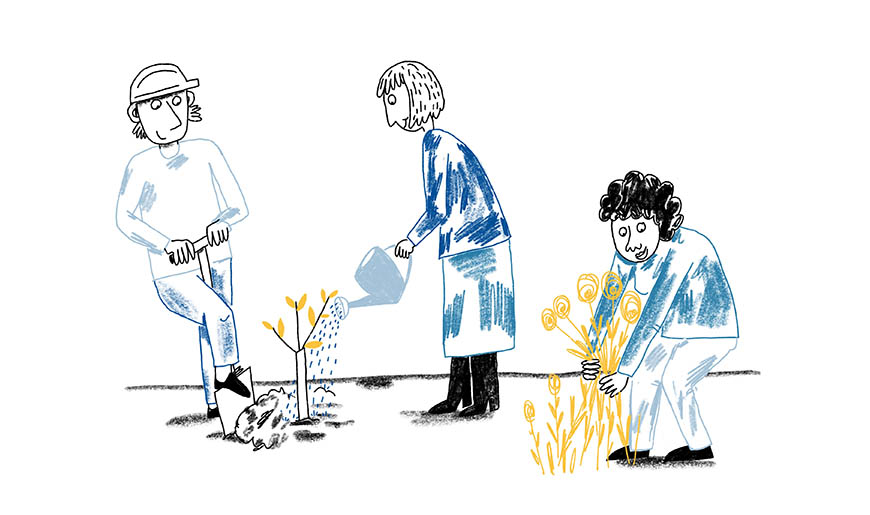 Illustration: Mehrere Menschen arbeiten gemeinsam im Garten. Sie pflanzen und gießen einen Baum und pflücken Blumen.