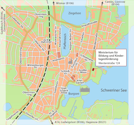 Detaikarte von Schwerin mit Sitz des Ministeriums in der Werderstraße Detaikarte von Schwerin mit Sitz des Ministeriums in der Werderstraße