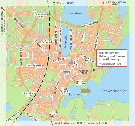 Detaikarte von Schwerin mit Sitz des Ministeriums in der Werderstraße