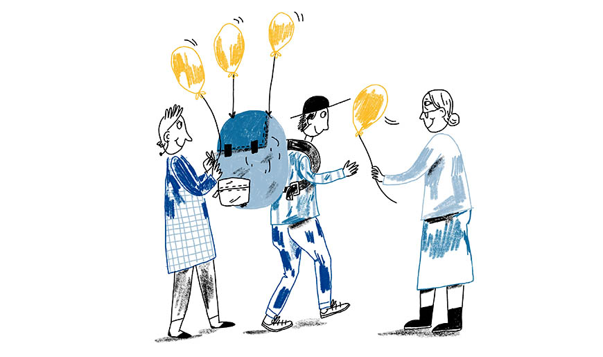 Illustration: Drei Menschen gehen spazieren, ein Mann hat einen Rucksack auf dem Rücken, an dem drei Luftballons festgebunden sind.
