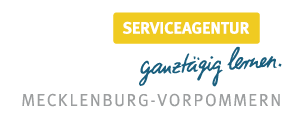 Logo "Ganztägig lernen": Serviceagentur auf einem gelben Balken, darunter steht: Ganztägig lernen, Mecklenburg-Vorpommern