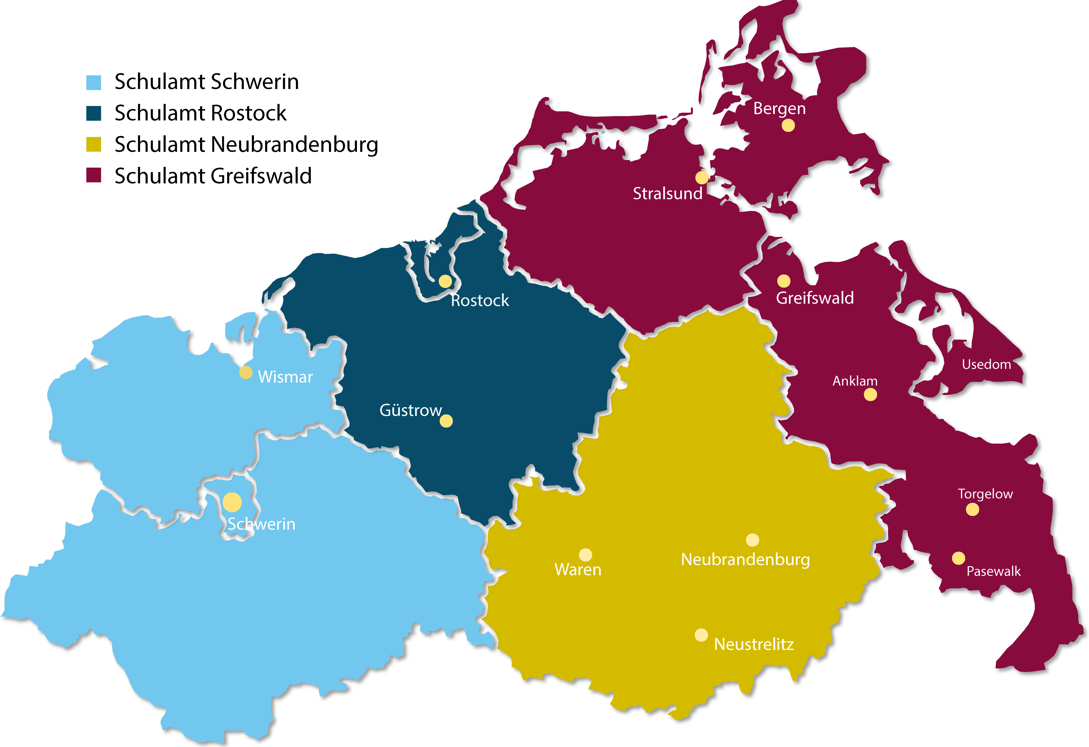 Landkarte von Mecklenburg-Vorpommern mit den Bereichen der vier Staatlichen Schulämter