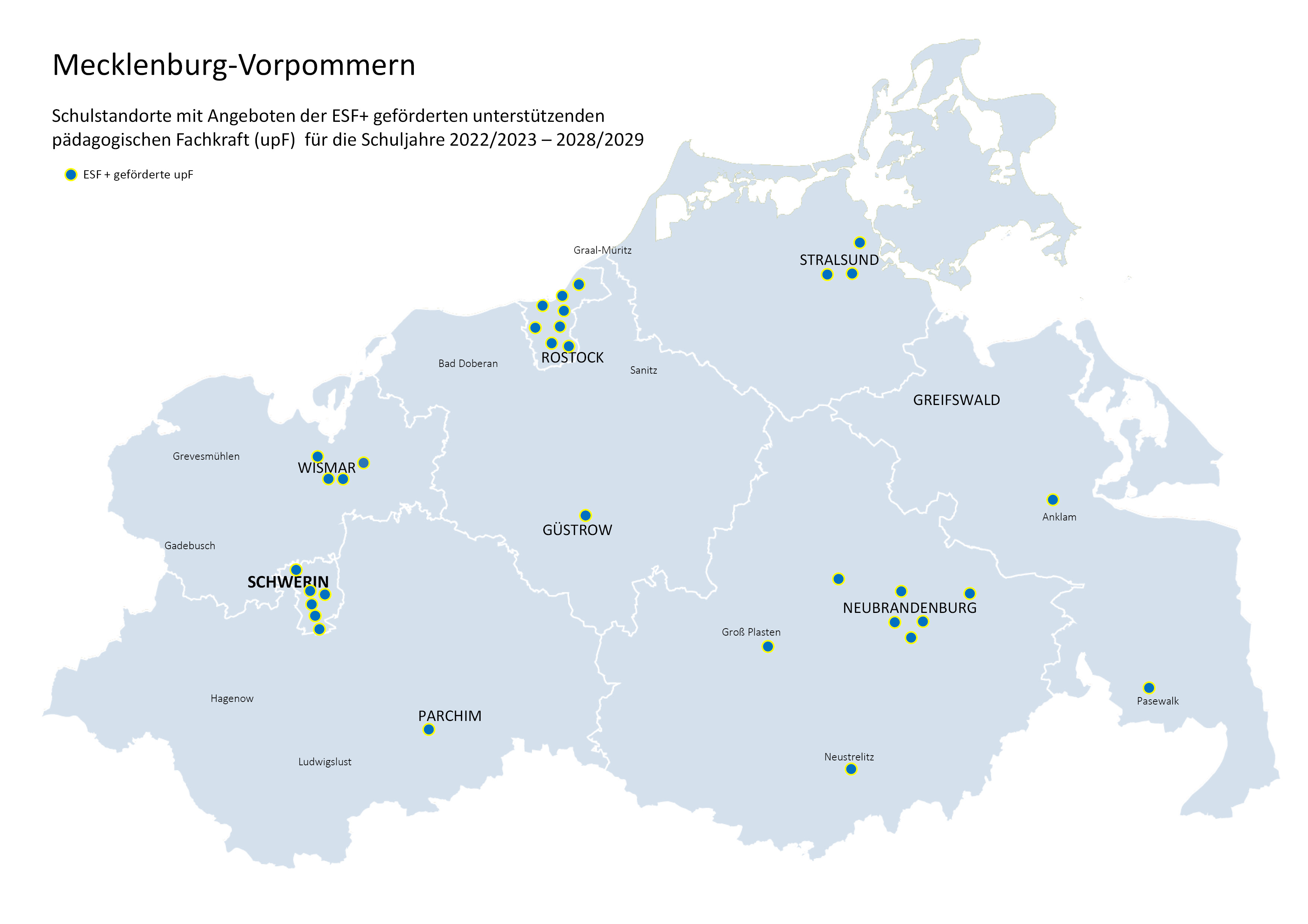 Schulstandorte mit Angeboten der ESF+ geförderten unterstützenden pädagogischen Fachkraft (upF)  für die Schuljahre 2022/2023 – 2028/2029