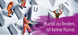Bauarbeiterfiguren spielen auf der Tastatur, dazu der Slogan "Kunst zu finden, ist keine Kunst.", Made by Werk3 (Externer Link: zum offiziellen Kulturportal für Mecklenburg-Vorpommern)