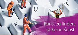 Bauarbeiterfiguren spielen auf der Tastatur, dazu der Slogan "Kunst zu finden, ist keine Kunst.", Made by Werk3