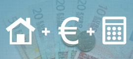 Infboxgrafik mit Symbolen: Wohnen, Geld und Taschenrechner, im Hintergrund Euro-Münzen und -Scheine (Externer Link: Berechnen Sie Ihr Wohngeld online...)