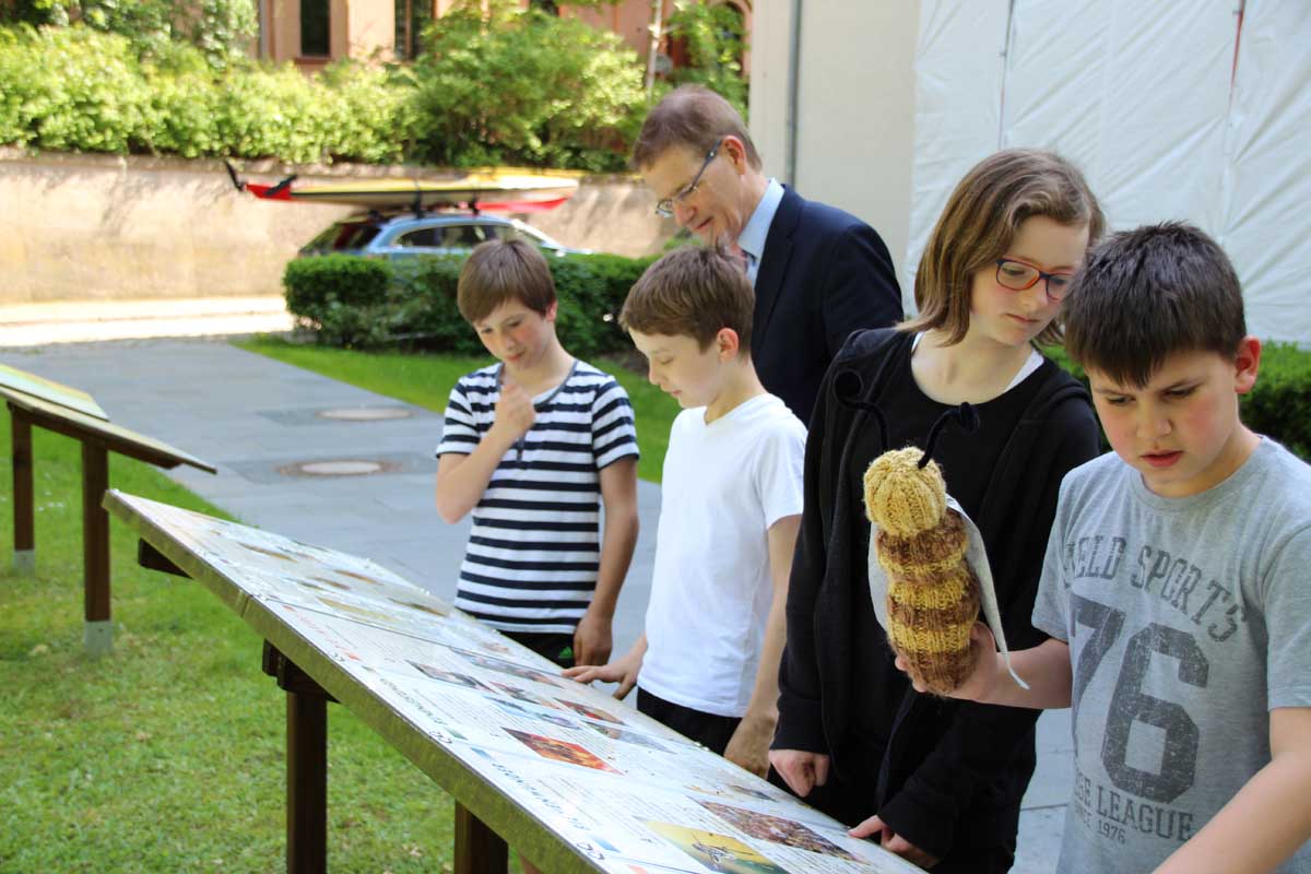 Interessiert beschäftigen sich die Kinder mit den zum Lehrpfad gehörenden Schautafeln, Mai 2017 