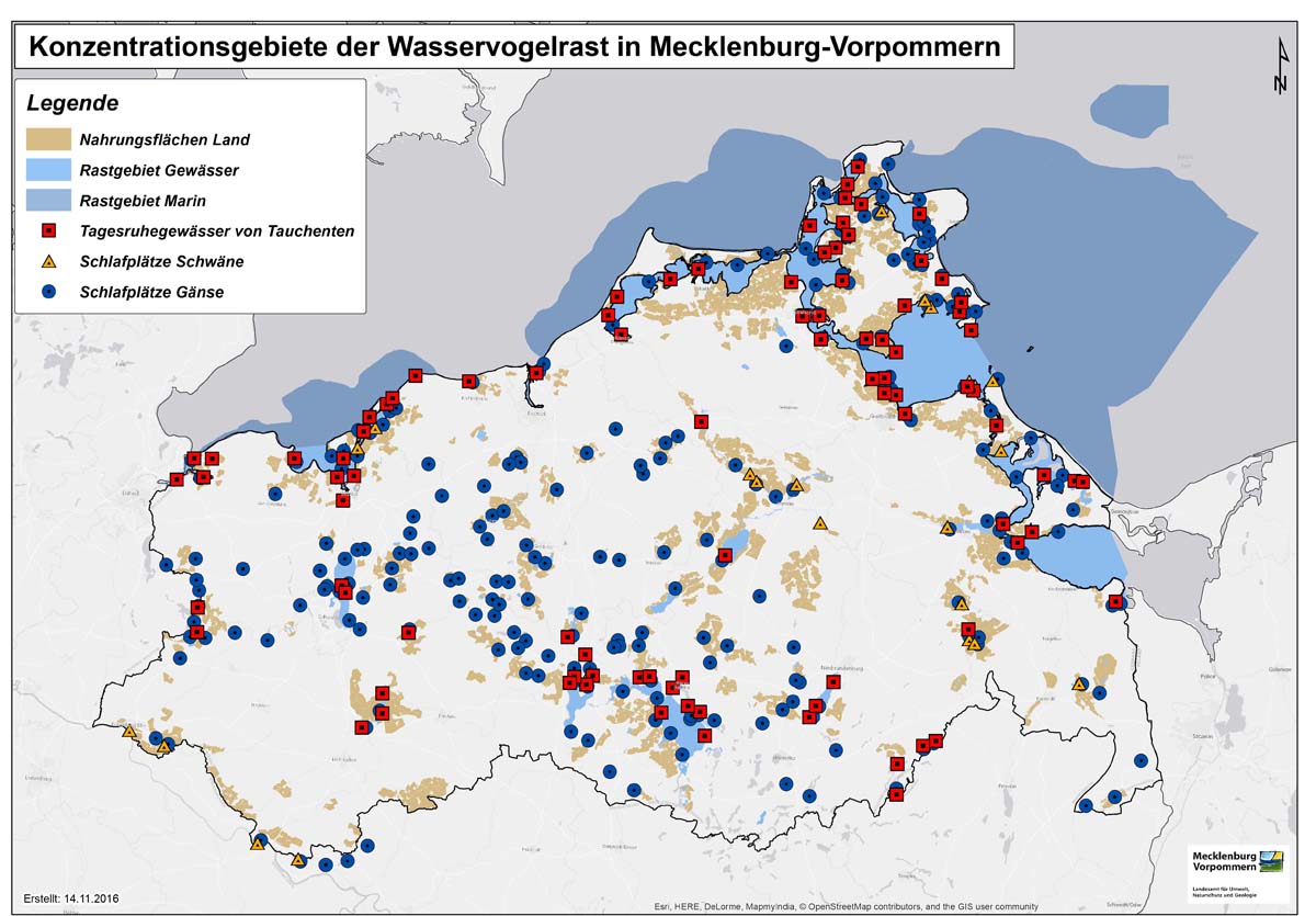 Karte mit Rastplätzen von Wildvögeln © Ministerium für Landwirtschaft und Umwelt MV Karte mit Rastplätzen von Wildvögeln