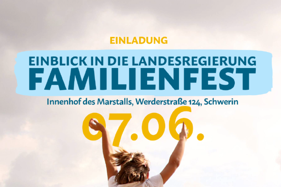 Bild eines hüpfenden Kindes mit dem Titel: Einladung: Einblick in die Landesregierung und Familienfest am 07.06.
