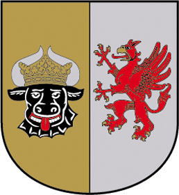 Zweigeteiltes kleines Landeswappen mit mecklenburgischem Stierkopf und pommerschem Greif