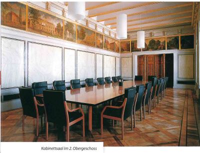 Bild zeigt den Kabinettssaal mit Wandgemälden, Parkettfußboden, Tisch und Stühlen