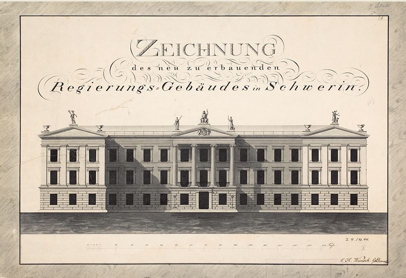 Zeichnung des Aufrisses eines neuen Regierungsgebäudes nach den Plänen von Oberlandbaumeister Carl Heinrich Wünsch