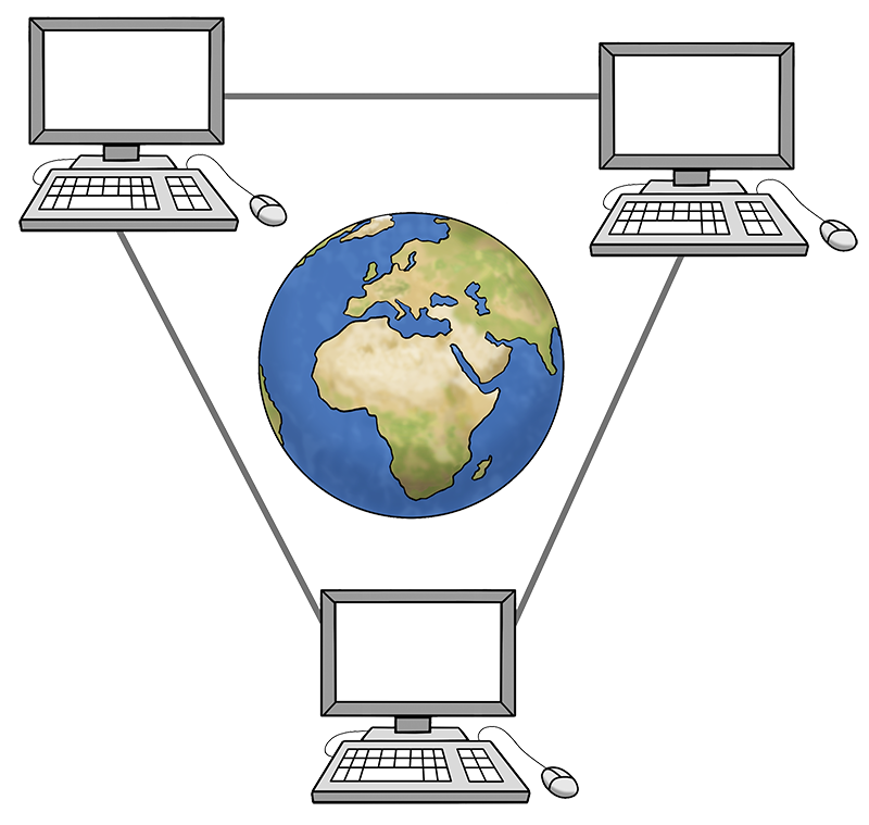 Die Zeichnung zeigt verbundene Rechner und eine Weltkugel.