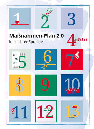 Die Abbildung zeigt das Deckblatt von der Broschüre „Maßnahmen-Plan 2.0 in Leichter Sprache“. Der Titel der Broschüre steht im oberen Bereich der Abbildung. Außerdem sind 13 kleine bunte Logos auf der Broschüre abgebildet. Jedes Logo bildet ein Handlungsfeld im Maßnahmenplan ab.