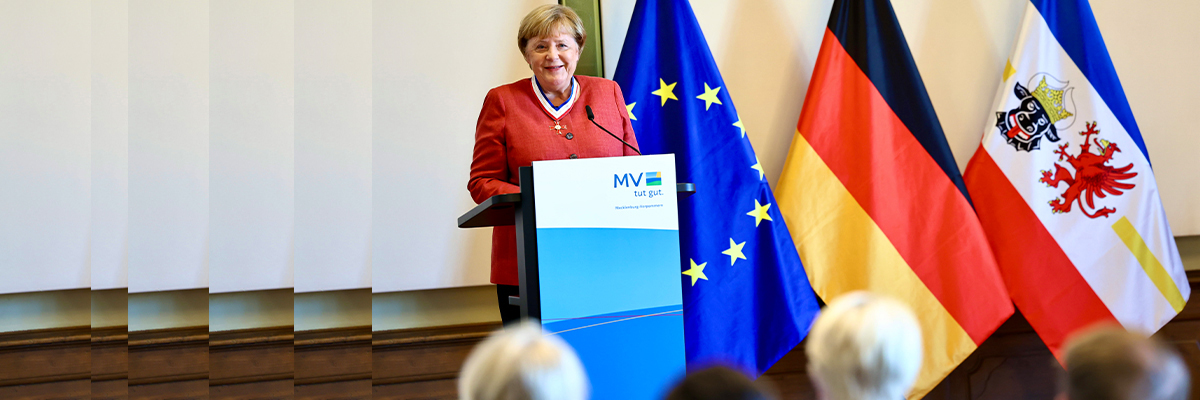 Angela Merkel bei ihrer Ansprache zur Entgegennahme des Landesverdienstordens