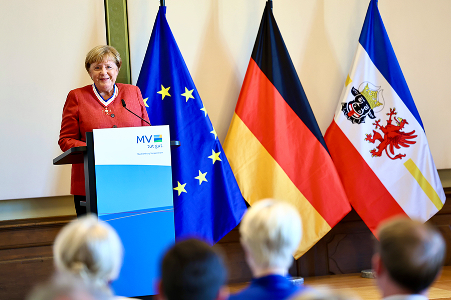 Angela Merkel bei ihrer Ansprache zur Entgegennahme des Landesverdienstordens