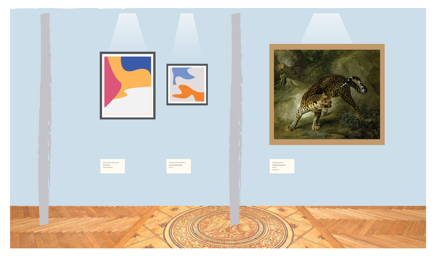 Das Bild zeigt einen Raum in einem Museum. An der Wand hängen mehrere Bilder. Ein Bild zeigt ein Tier, die anderen haben große Flächen. Darunter sind Texttafeln. Der Raum hat einen Holz-Boden und wirkt ruhig.