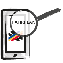 Die Abbildung zeigt ein Smartphone. Auf dem Bildschirm vom Smartphone ist das Logo „MV FÄHRT GUT“ eingezeichnet. MV FÄHRT GUT ist eine Reise-App. Eine Lupe am oberen rechten Rand vergrößert den Text: Fahrplan.