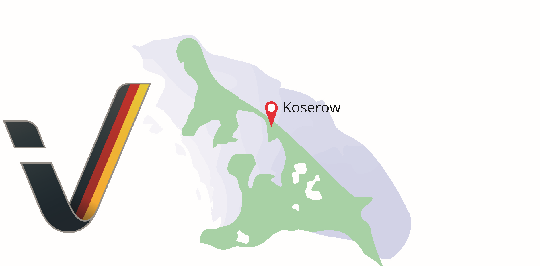 Das Bild zeigt eine Karte von der Insel Usedom. Der Ort Koserow ist mit einem Pfeil-Punkt markiert. Links sieht man ein Zeichen mit Streifen in Deutschland-Farben. Das Zeichen ist ein Prüf-Zeichen. Es bedeutet Barrierefreiheit. Der Hintergrund ist hell und einfach.