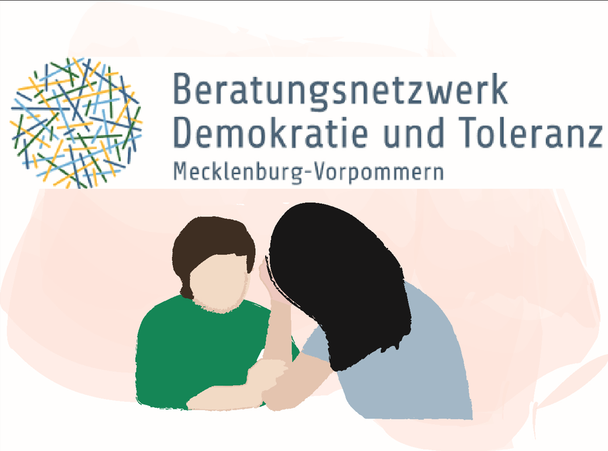 Das Bild zeigt 2 Personen. Eine Frau beugt sich zur anderen Person. Sie spricht mit dieser Person. Oben steht ein Name: „Beratungs-Netzwerk Demokratie und Toleranz. Mecklenburg-Vorpommern“. Das Bild wirkt ruhig und freundlich.
