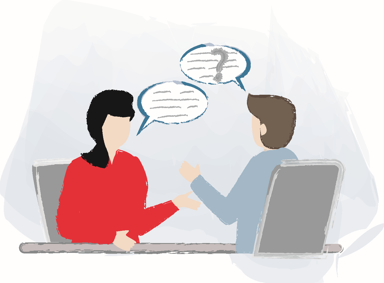 Das Bild zeigt zwei Menschen im Gespräch. Sie sitzen sich gegenüber an einem Tisch. Über ihnen sind Sprechblasen zu sehen. Die beiden sprechen miteinander und tauschen sich aus.