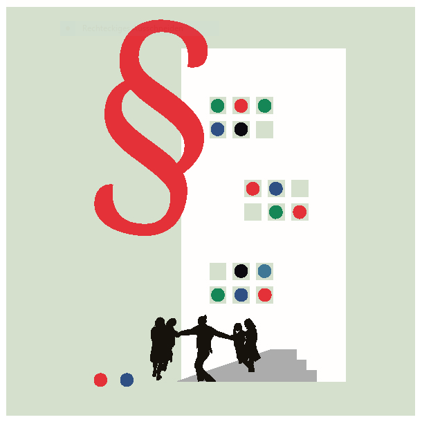 Illustration mit einem großen roten Paragrafen-Zeichen links. Rechts daneben ein Gebäude-Eingang mit bunten Kästchen in den Farben Grün, Rot, Blau und schwarz. Vor dem Eingang stehen mehrere Menschen-Silhouetten, die sich an den Händen halten. Es geht um ein neues Gesetz für besseres Wohnen für Menschen mit Behinderungen.