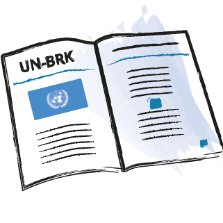 Die Abbildung zeigt eine aufgeschlagene Broschüre über die Behindertenrechts-Konvention der Vereinten Nationen. Die Broschüre hat die Abkürzung UN-BRK als Schriftzug und zeigt Logo der Vereinten Nationen. Textlinien auf den beiden aufgeschlagenen Seiten ergänzen die Abbildung.