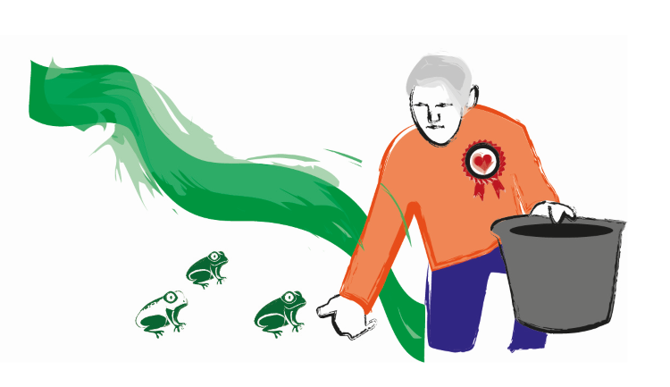 Die Abbildung zeigt eine im Umweltschutz ehrenamtlich tätige Person. Die Person sammelt in einem Eimer Frösche ein.