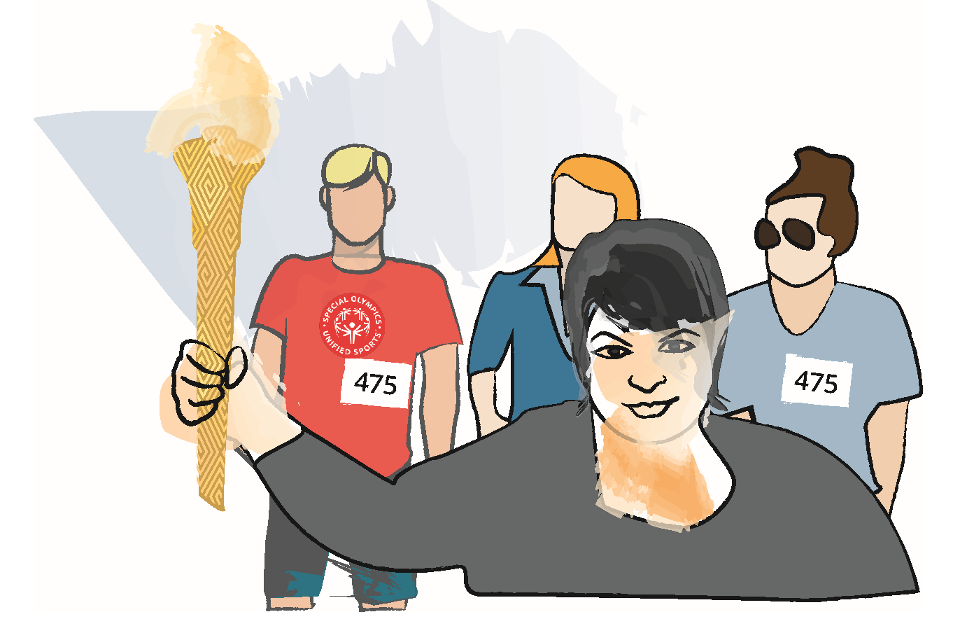 Die Abbildung zeigt den Fackel-Lauf zur Eröffnung der Sport-Veranstaltung. Stefanie Drese trägt eine Fackel mit Feuer und läuft vorneweg. Die Flamme der Fackel leuchtet hell. Hinter Stefanie Drese stehen 3 Sportlerinnen und Sportler.