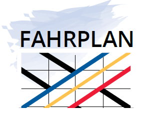 Die Abbildung zeigt das Logo „MV FÄHRT GUT“. Das Logo hat rechteckige Kästchen. Im Vordergrund der Kästchen sind Linien in unterschiedlichen Farben abgebildet. Die Linien symbolisieren Reisestrecken. Am oberen Rand der Abbildung ist der Text: FAHRPLAN. Die Abbildung hat einen hellblauen Hintergrund. 